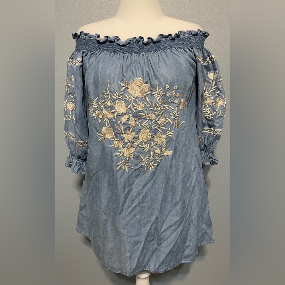 Zara Bardot Embroidered Boho Mini Dress Blue Off Shoulder Western Coastal Medium - Picture 7 of 7
